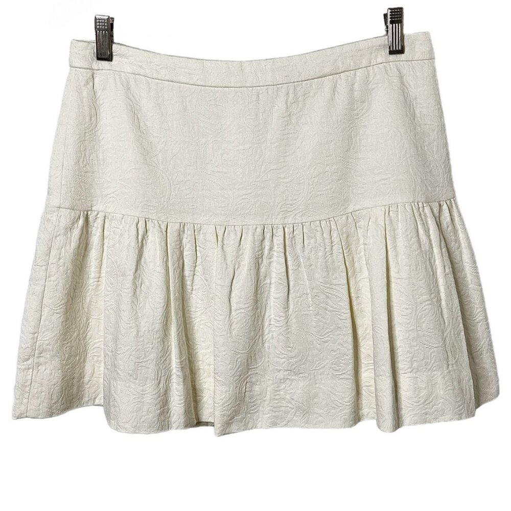 J. Crew Women's Jacquard Flare Skirt Sz 8 Floral Ivory Pleated Mini 100% Cotton